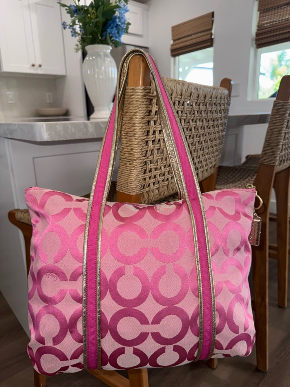 Y2K Coach Poppy Op Art Pink Signature Jacquard Tote Shoulder Bag Purse #13826 - Picture 7 of 17